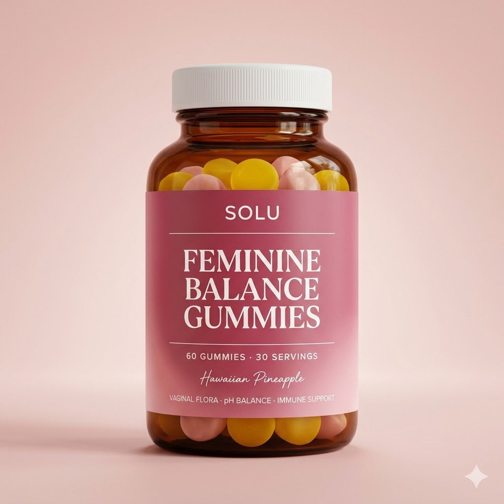 Solu Feminine Balance Gummies bottle — 60 gummies, Hawaiian Pineapple, vaginal flora and pH balance support
