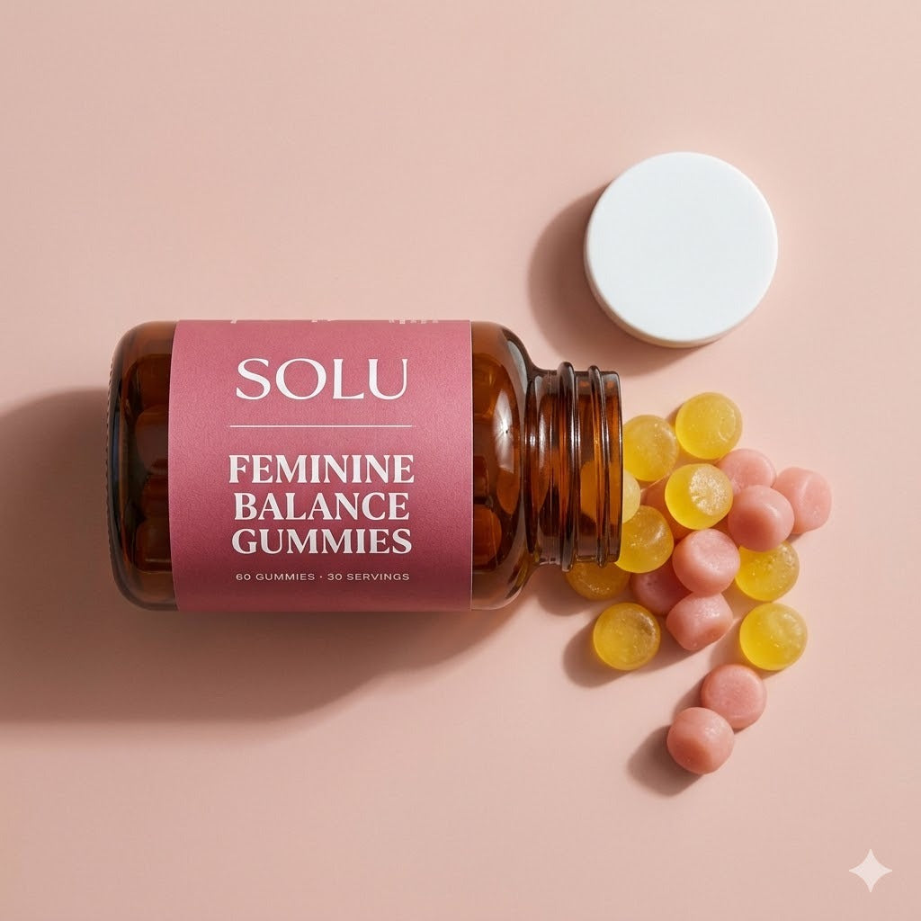 Solu Feminine Balance Gummies poured out — yellow and pink pineapple gummies