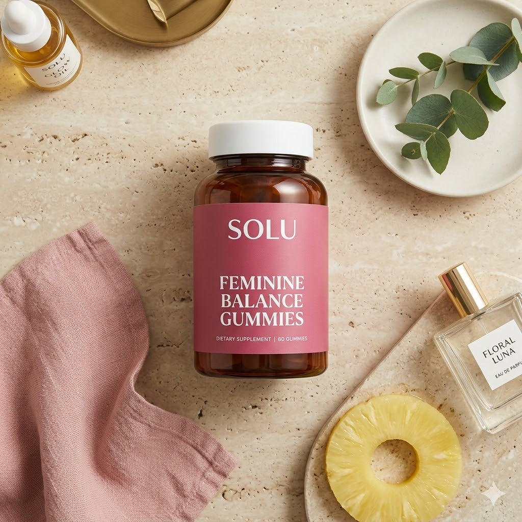 Solu Feminine Balance Gummies lifestyle flat-lay — daily wellness routine