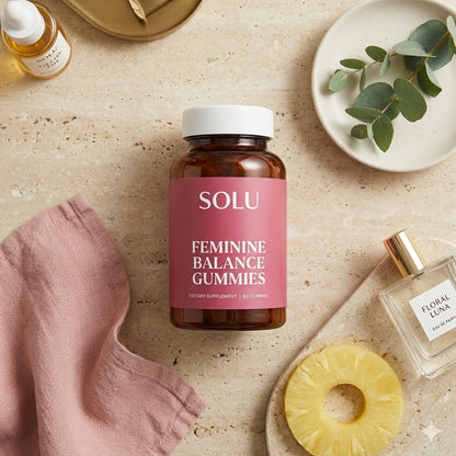 Solu Feminine Balance Gummies lifestyle flat-lay — daily wellness routine